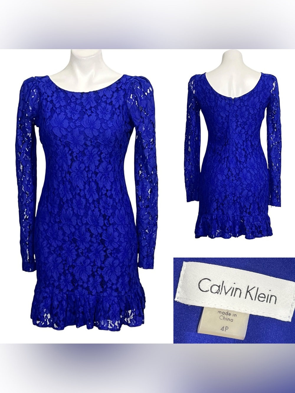 Calvin Klein dress 4p Blue Lace Long Sleeve ruffle hem mini cocktail party fall